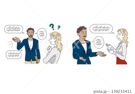 説明不足と伝わる会話のビジネス比較イラスト 説明不足と伝わる会話のビジネス比較イラスト 139233411