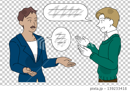兩名男子在進行國際商務交談的插畫。 兩名男子在進行國際商務交談的插畫。 139233418