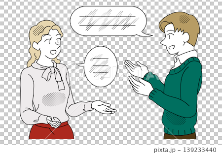 Illustration of a man and woman conversing in a global business setting. 139233440