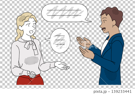 一幅描繪男女在國際商務場合交談的插圖。 139233441