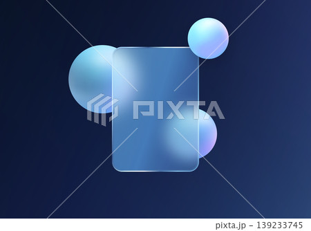Vector abstract background with translucent glass card and blue gradient spheres on dark blue background. Vector abstract background with translucent glass card and blue gradient spheres on dark blue background. 139233745