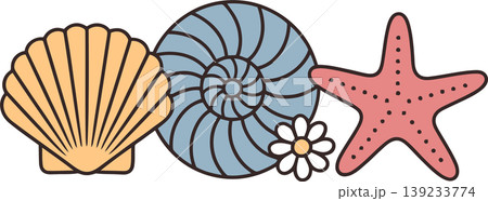 Cute Sea Shells and Starfish Beach Illustration	 139233774
