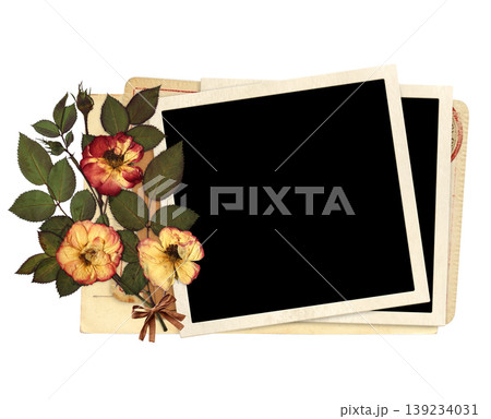Nostalgic scrapbooking template with moodboard photoframe for scrapbooking. Retro frame photo with dry pressed rose flowers and linen bow. Vintage style mood board layout. Isolated on white background Nostalgic scrapbooking template with moodboard photoframe for scrapbooking. Retro frame photo with dry pressed rose flowers and linen bow. Vintage style mood board layout. Isolated on white background 139234031