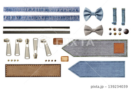 Set of jeans detail. Collection of denim trouser and jacket elements - zipper, leather label, metal button and rivet, tag, bow, patch. Isolated on white background. Can be used for creative design Set of jeans detail. Collection of denim trouser and jacket elements - zipper, leather label, metal button and rivet, tag, bow, patch. Isolated on white background. Can be used for creative design 139234039