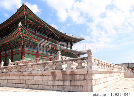 Ancient pavilion of Gyeongbokgung Palace, Seoul, South Korea. Beautiful scene with wooden pavilion at Gyeongbokgung Palace complex, Seoul, Republic of Korea Ancient pavilion of Gyeongbokgung Palace, Seoul, South Korea. Beautiful scene with wooden pavilion at Gyeongbokgung Palace complex, Seoul, Republic of Korea 139234044