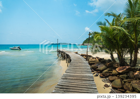 Wooden pier walkway curving into the clear turquoise sea on a tropical island Wooden pier walkway curving into the clear turquoise sea on a tropical island 139234395
