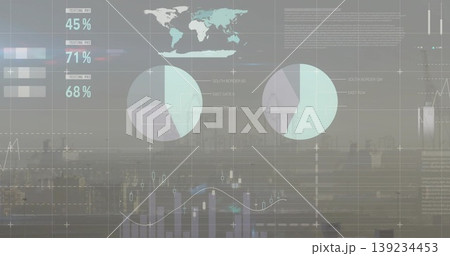 Displaying dashboard on rooftop overlooking city, showing world map and financial visualizations 139234453