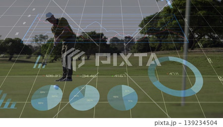 Standing golfer in polo aligning putter over ball on putting green, with flagstick and data charts Standing golfer in polo aligning putter over ball on putting green, with flagstick and data charts 139234504