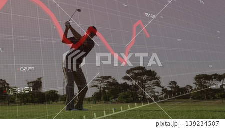 Swinging club, golfer wearing golf attire on fairway with golf ball and gridded graph overlay 139234507