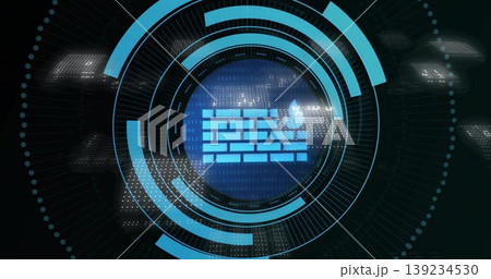 Displaying blue firewall icon emitting in interface rings, with binary code panels, hexagonal grid Displaying blue firewall icon emitting in interface rings, with binary code panels, hexagonal grid 139234530