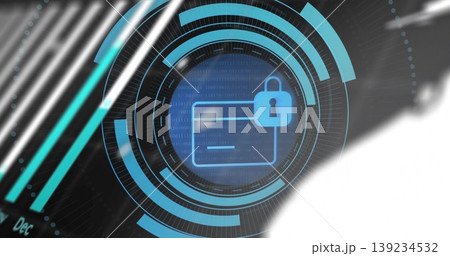 Displaying padlock icon and card outline on security dashboard, streaming binary code amid streaks Displaying padlock icon and card outline on security dashboard, streaming binary code amid streaks 139234532