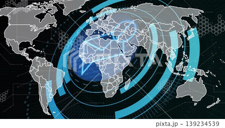 Projecting world map graphic on interface screen showing concentric rings, hex grid and binary code Projecting world map graphic on interface screen showing concentric rings, hex grid and binary code 139234539
