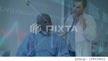 Examining doctor in white coat placing stethoscope on male patient at cubicle 2 with digital charts Examining doctor in white coat placing stethoscope on male patient at cubicle 2 with digital charts 139234622
