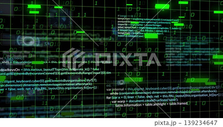 Streaming green binary digits across dark grid lines with white code snippets and rectangular bars 139234647