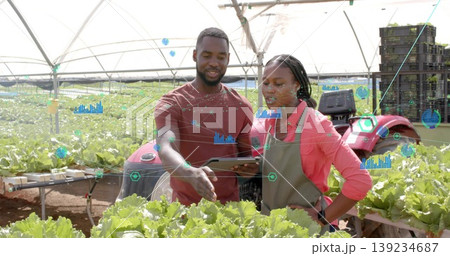 Gesturing farm team consulting tablet among lettuce rows in greenhouse, with tractor and crates Gesturing farm team consulting tablet among lettuce rows in greenhouse, with tractor and crates 139234687