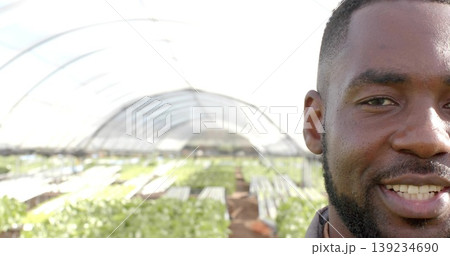Inspecting bearded farmer tending crops in arched plastic greenhouse, irrigation tubing, copy space 139234690