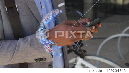 Checking man in suit holding smartphone and projecting globe swirl beside bicycle rack on sidewalk Checking man in suit holding smartphone and projecting globe swirl beside bicycle rack on sidewalk 139234843