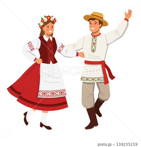 Couple in Traditional Belarusian Folk Costumes Dancing Vector Illustration Couple in Traditional Belarusian Folk Costumes Dancing Vector Illustration 139235219