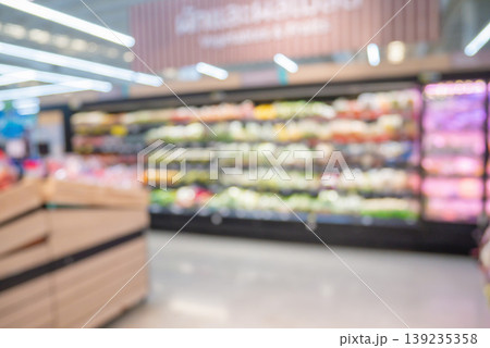 Grocery store aisle and shelves interior blurred background Grocery store aisle and shelves interior blurred background 139235358