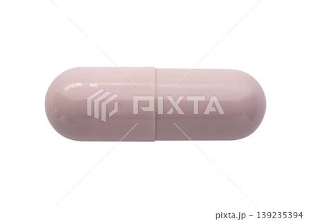 Purple medicine pill capsule isolated on white background 139235394