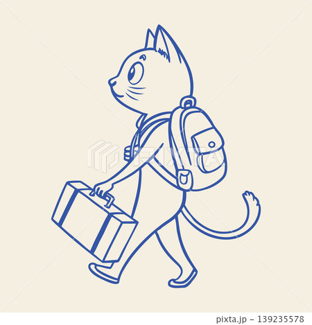 Funny cat character traveling with backpack and suitcase. Illustration. 139235578