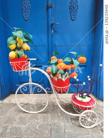 Decorative white bicycle planter with artificial lemons and oranges Decorative white bicycle planter with artificial lemons and oranges 139235648
