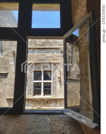 View through a medieval window of the Palace of the Grand Master in Rhodes Greece 139235692
