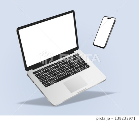 Falling laptop and smartphone mockup isolated Falling laptop and smartphone mockup isolated 139235971