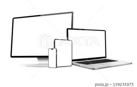 Realistic devices screen mockup. Smartphone, tablet, laptop and display monitor with blank screen. Realistic devices screen mockup. Smartphone, tablet, laptop and display monitor with blank screen. 139235973