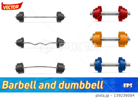metal dumbbell and barbell for muscle building in gym vector illustration 139236084