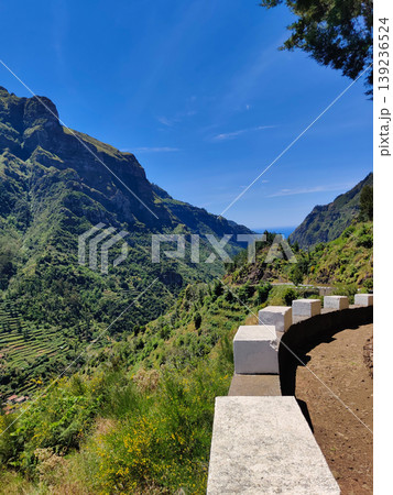observation deck with a view of rocky mountains  on the island of Madeira in Portugal 139236524