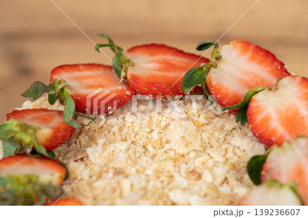 delicious fresh sweet fruit cake decorated with strawberries delicious fresh sweet fruit cake decorated with strawberries 139236607