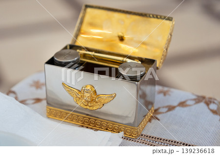 Silver and gold liturgical box with angel ornament Silver and gold liturgical box with angel ornament 139236618