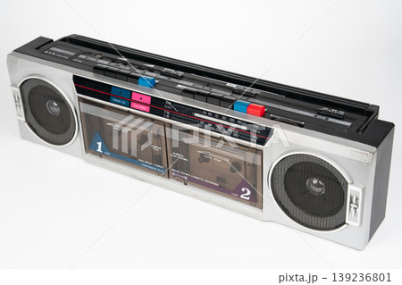 Vintage silver double cassette boombox isolated on white background 139236801