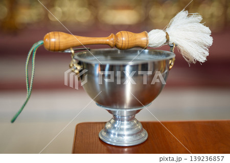 Ceremonial aspergillum and holy water bowl 139236857