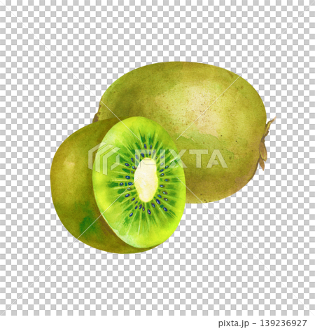 Watercolor illustration with a whole brown fuzzy kiwi and a bright green juicy half. Isolated on a white background. Ideal for healthy food packaging, smoothie recipes, tropical-themed designs Watercolor illustration with a whole brown fuzzy kiwi and a bright green juicy half. Isolated on a white background. Ideal for healthy food packaging, smoothie recipes, tropical-themed designs 139236927