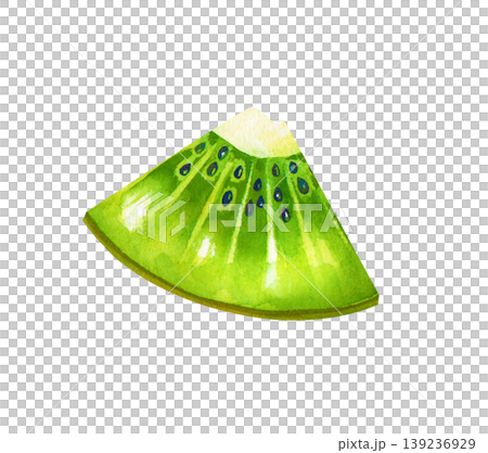 The watercolor illustration shows a slice of fresh kiwi with seeds. Isolated on a white background. Realistic clipart for healthy food branding, smoothie bar menus, organic food packaging, and summer The watercolor illustration shows a slice of fresh kiwi with seeds. Isolated on a white background. Realistic clipart for healthy food branding, smoothie bar menus, organic food packaging, and summer 139236929
