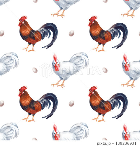 A hand-painted watercolor seamless pattern depicting farm poultry, brown and white roosters and eggs on an isolated background. Ideal for country-style home decor, kitchen textiles, eco-friendly food 139236931