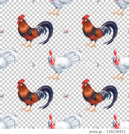 A hand-painted watercolor seamless pattern depicting farm poultry, brown and white roosters and eggs on an isolated background. Ideal for country-style home decor, kitchen textiles, eco-friendly food A hand-painted watercolor seamless pattern depicting farm poultry, brown and white roosters and eggs on an isolated background. Ideal for country-style home decor, kitchen textiles, eco-friendly food 139236931