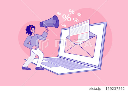Cheerful female marketer broadcasting sales news from a computer with percentage icons and envelope symbolizing successful email campaigns and online retail promotions Cheerful female marketer broadcasting sales news from a computer with percentage icons and envelope symbolizing successful email campaigns and online retail promotions 139237262