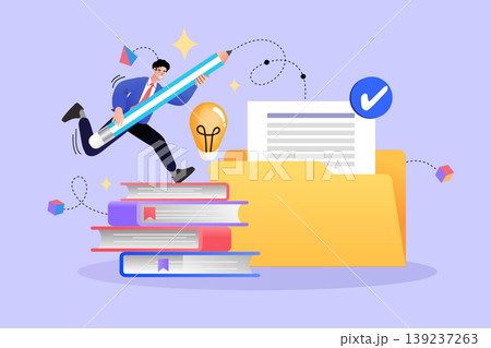 Businessman with giant pencil running on books towards document folder representing project management creative content creation and successful task completion concept 139237263