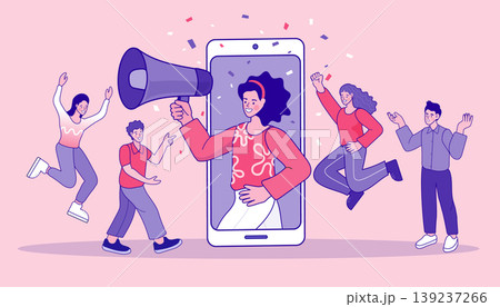 Cheerful young woman broadcasting messages from mobile phone to a group of joyful people symbolizing brand awareness digital publicity and successful influencer marketing campaigns 139237266