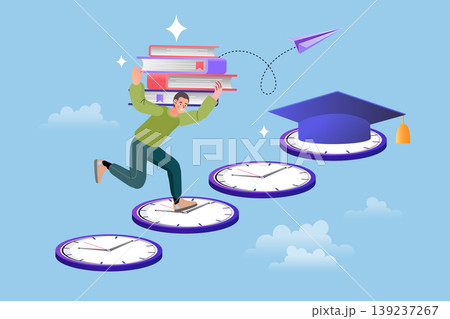 Student balancing a stack of books while climbing clock steps toward a graduation cap representing strategic learning journey time efficiency and successful educational achievement 139237267