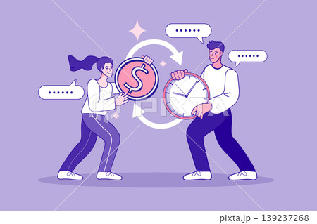 Man and woman exchanging time and money symbols representing financial management investment strategy and time is money concept Man and woman exchanging time and money symbols representing financial management investment strategy and time is money concept 139237268