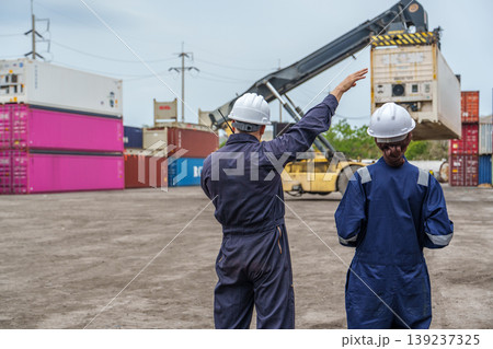 Mid-adult Caucasian Male and Black Female Logistics Workers Gesturing at Container Terminal Mid-adult Caucasian Male and Black Female Logistics Workers Gesturing at Container Terminal 139237325