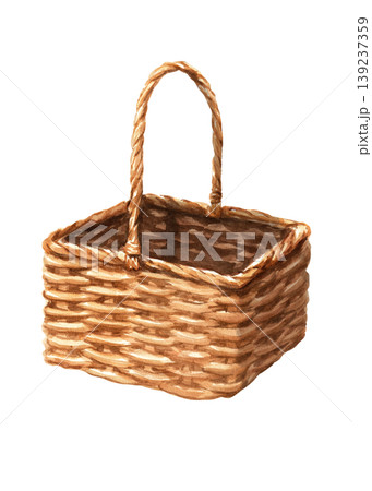 Wicker basket with handle. Isolated watercolor illustration for picnic, market, and farm design. 139237359