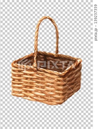 Wicker basket with handle. Isolated watercolor illustration for picnic, market, and farm design. 139237359