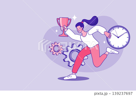Cheerful professional woman celebrating victory with a trophy and clock symbolizing successful deadline management productivity and effective business system execution Cheerful professional woman celebrating victory with a trophy and clock symbolizing successful deadline management productivity and effective business system execution 139237697