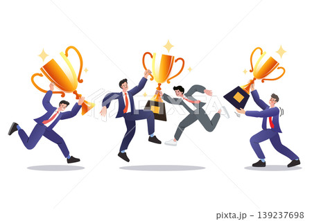 Cheerful professional men jumping and cheering with gold trophy cups symbolizing collective business success career milestones and corporate excellence 139237698