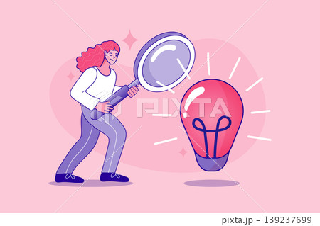 Woman with magnifying glass looking at glowing light bulb representing idea discovery creative research and innovation analysis concept 139237699